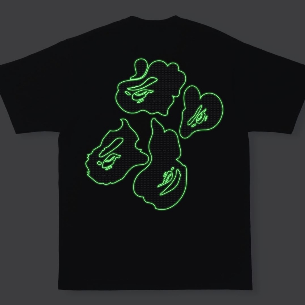 Bape Ape Head Text Code Glow in the Dark Tee Shirt Black Camo Medium